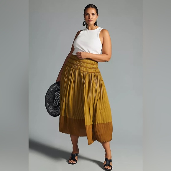 Anthropologie Tiered A-Line midi Skirt Large bronze gold New NWT pull on satin - Picture 6 of 12